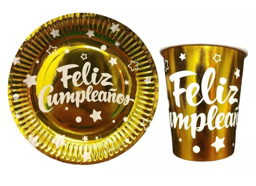 Set de platos y vasos metalizados ¡Feliz cumpleaños!  (20 piezas)