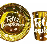 Set de platos y vasos metalizados ¡Feliz cumpleaños!  (20 piezas)