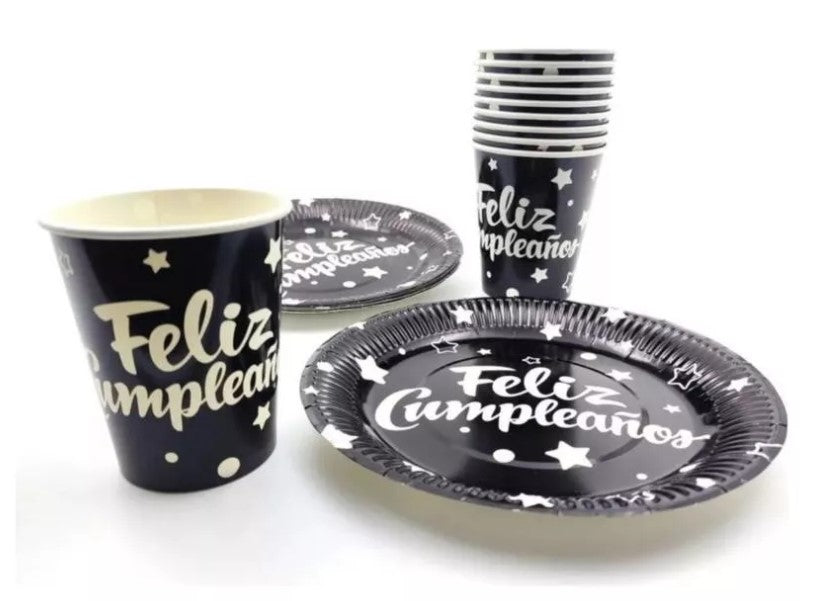 Set de platos y vasos metalizados ¡Feliz cumpleaños!  (20 piezas)