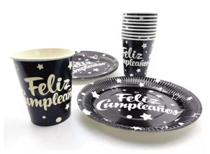 Set de platos y vasos metalizados ¡Feliz cumpleaños!  (20 piezas)