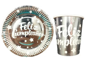 Set de platos y vasos metalizados ¡Feliz cumpleaños!  (20 piezas)